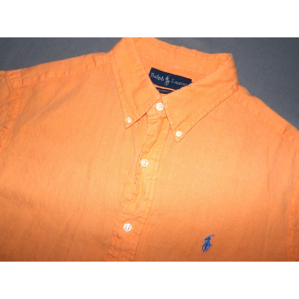 Polo Ralph Lauren Classic Fit 100% Linen Orange Short Sleeved Button Up Shirt LG